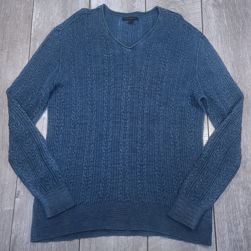 John Varvatos U.S.A. Sweater Mens Size XL Blue Cable Knit V-Neck Cotton Linen